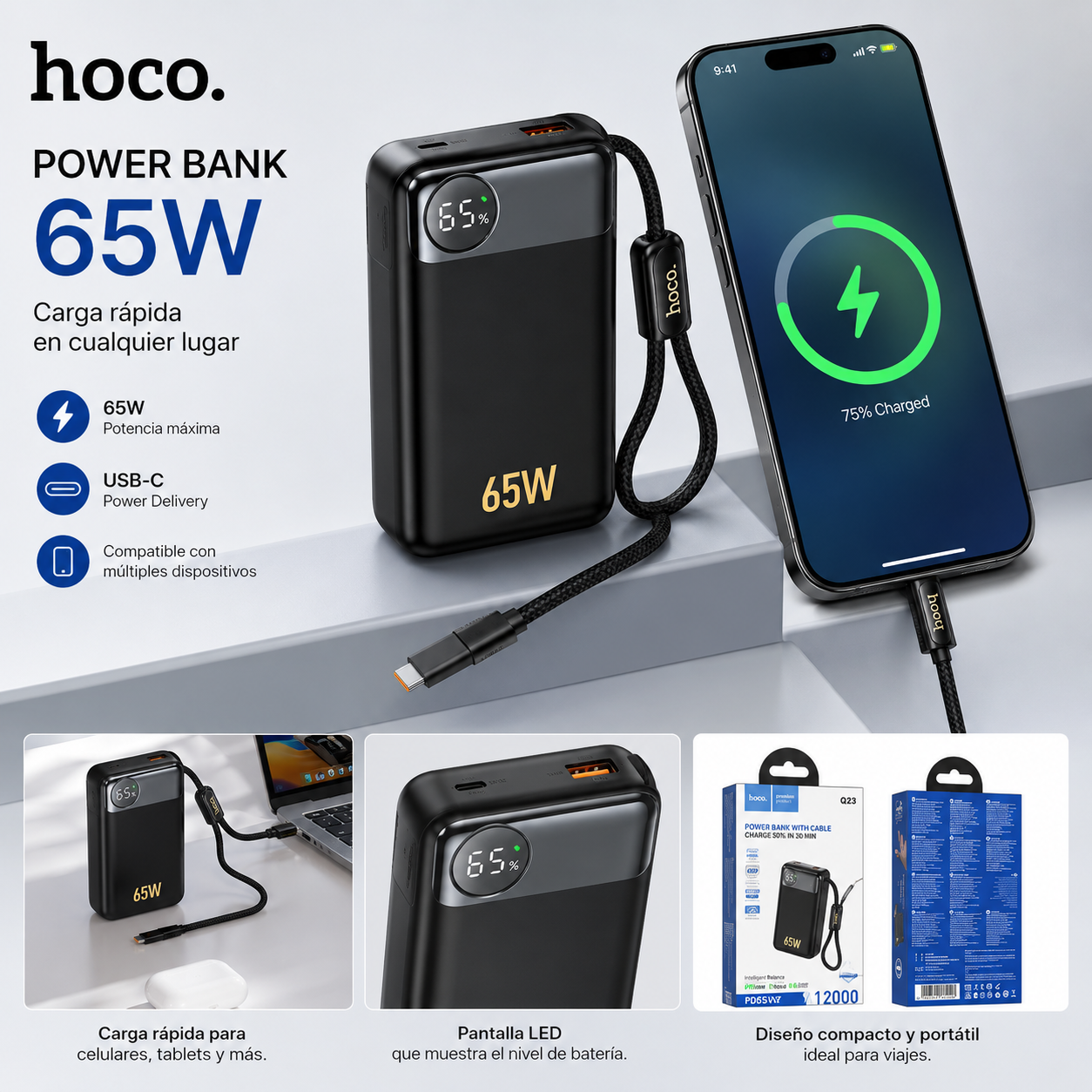 Powerbank Carga Rapida Hoco Q53 12000 Mah 65w Negro