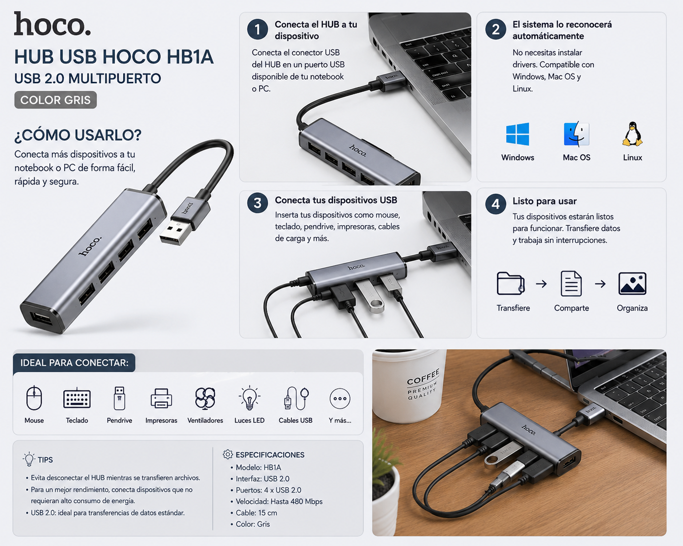 HUB USB HOCO HB1A USB 2.0 MULTIPUERTO COLOR GRIS