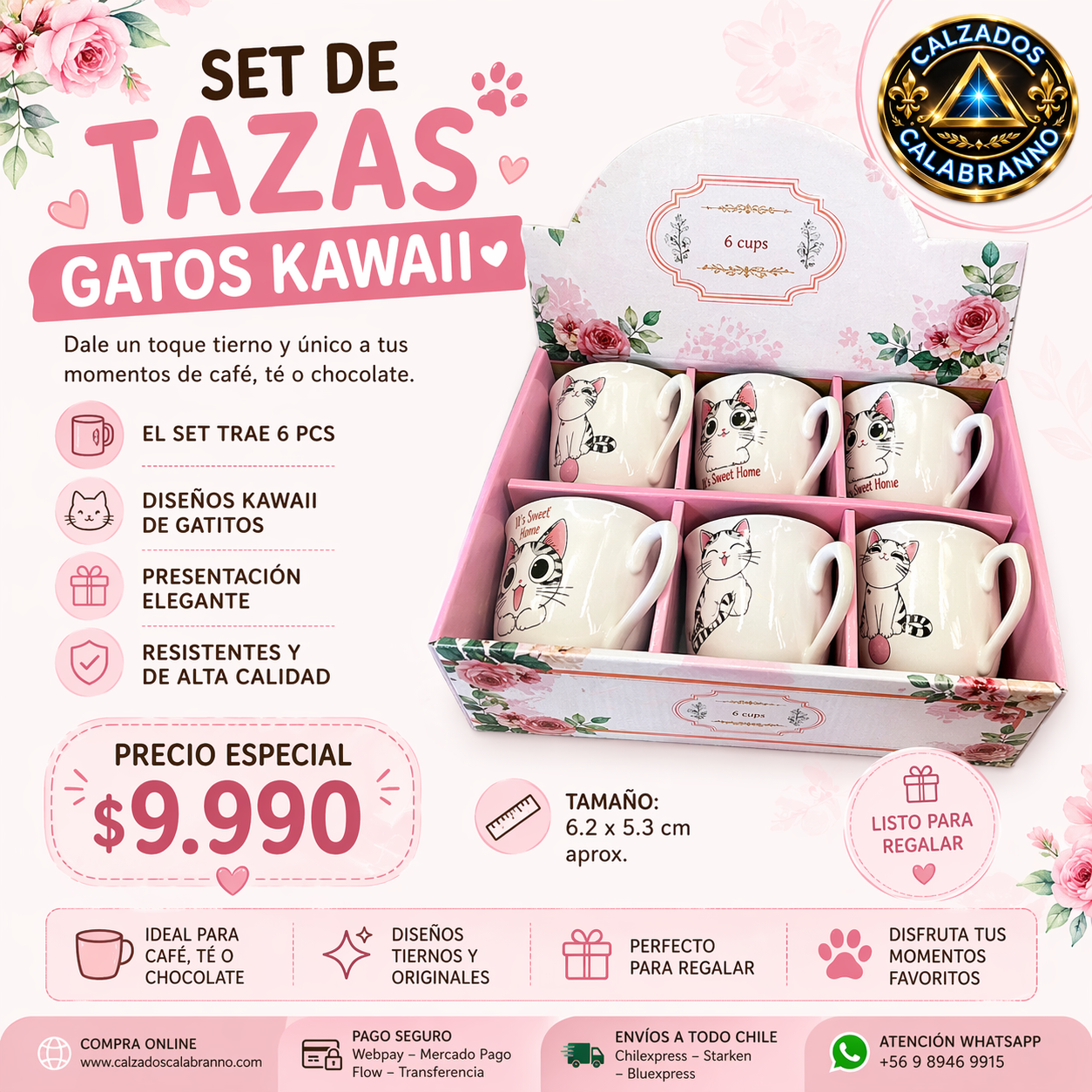 🐱✨ SET DE TAZAS GATOS KAWAII ✨🐱  6 PCS DE CERÁMICA