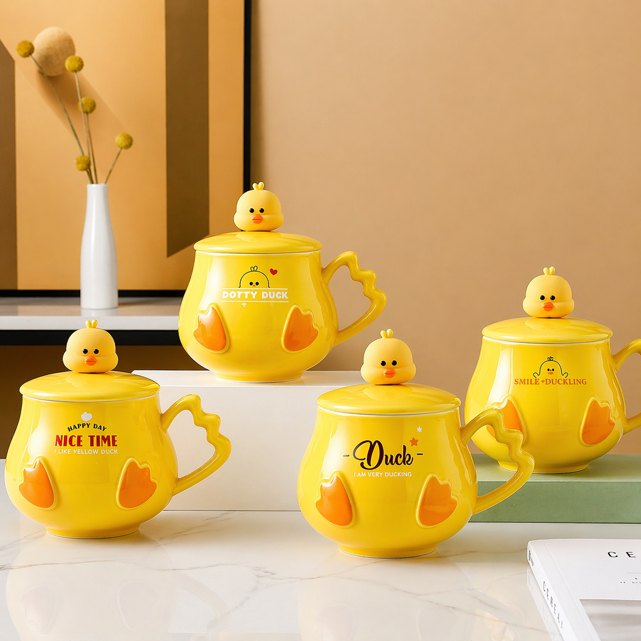 🐥✨ TAZÓN PATO KAWAII CON TAPA – CERÁMICA PREMIUM ✨390 ML