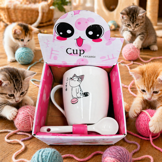 TAZA CON CUCHARA DE CERAMICA CON DISEÑO DE TIERNO GATITO