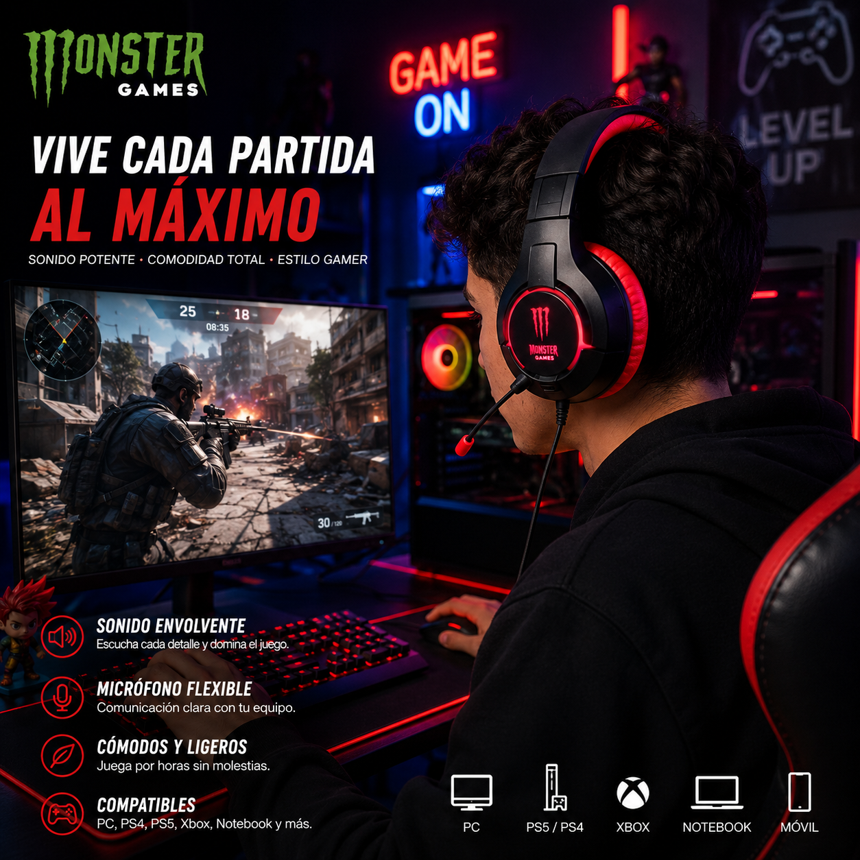 🎮🔥AUDIFONOS  MONSTER GAMES GAMING HEADSET 🔥🎮