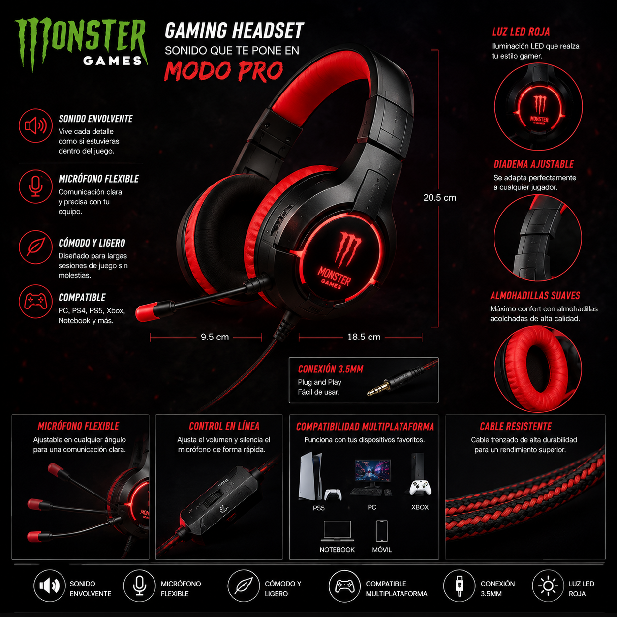 🎮🔥AUDIFONOS  MONSTER GAMES GAMING HEADSET 🔥🎮