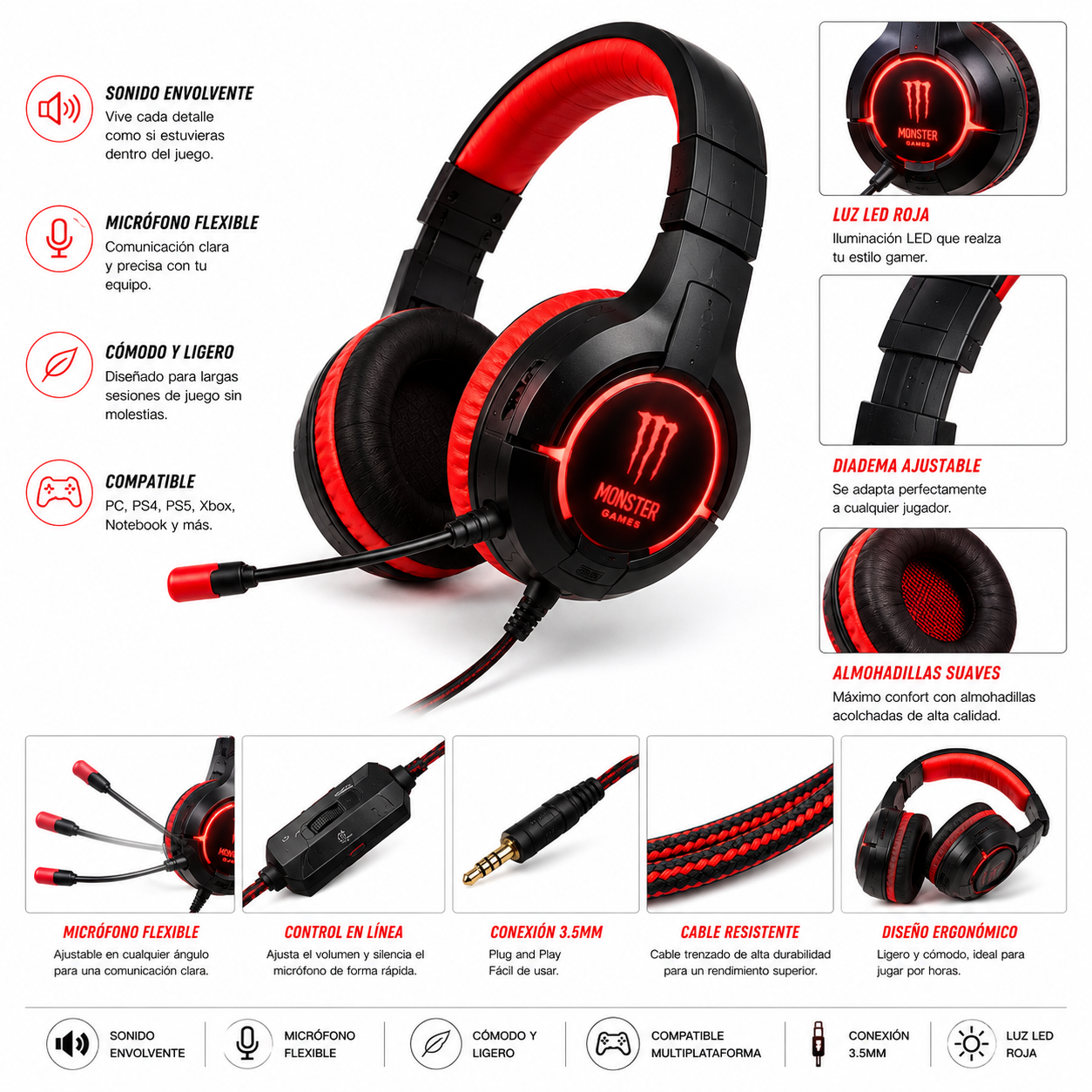 🎮🔥AUDIFONOS  MONSTER GAMES GAMING HEADSET 🔥🎮