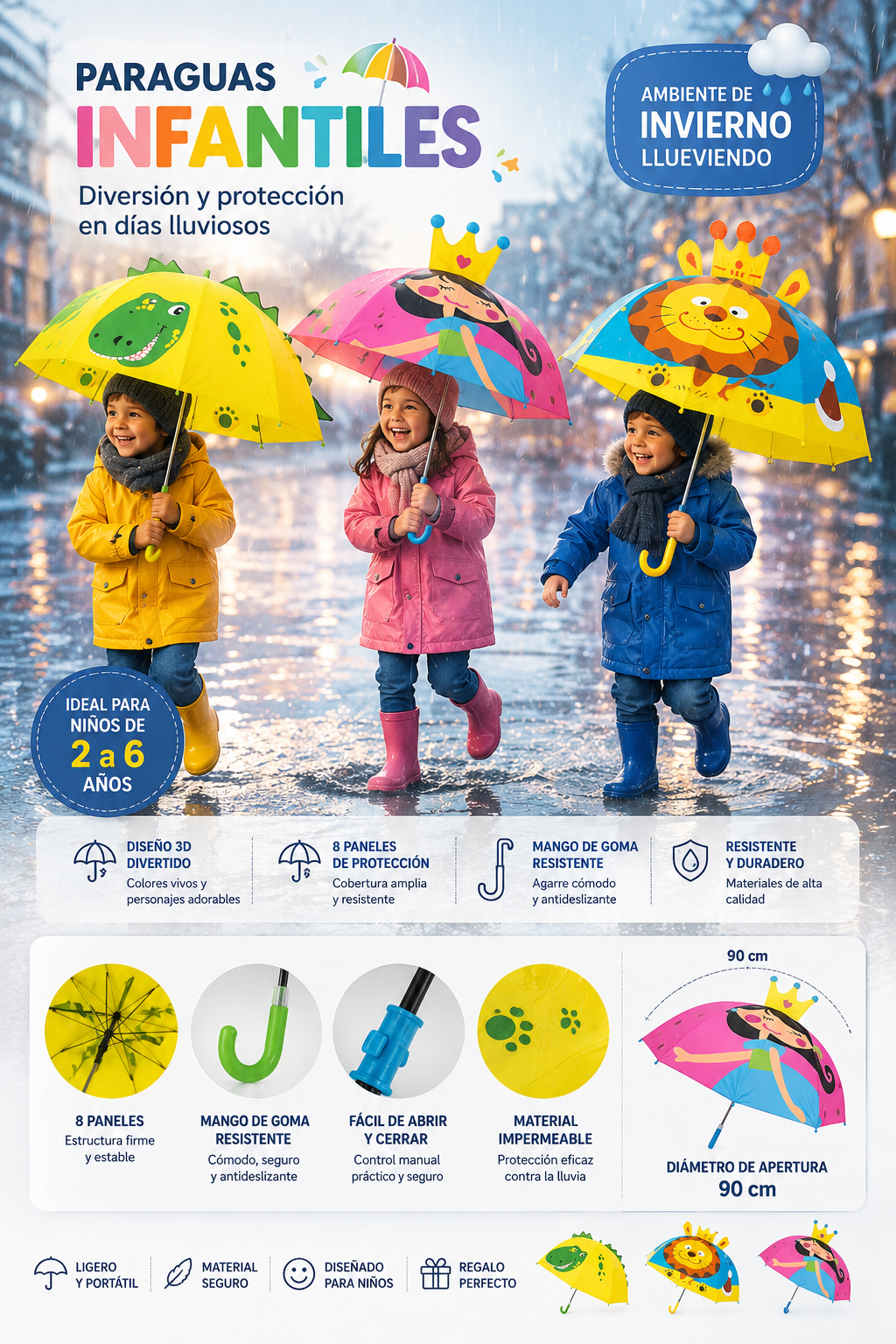 PARAGUAS INFANTIL 3D DISEÑOS ANIMALES 90 CM RESISTENTE PARA LLUVIA