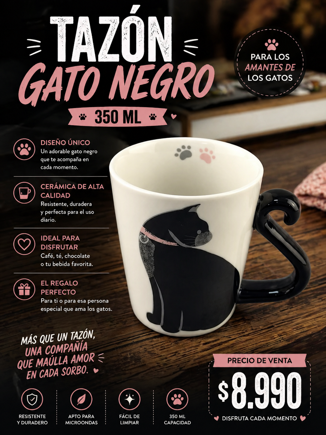🐾 TAZÓN GATO NEGRO 350 ML – DISEÑO ADORABLE Y ÚNICO