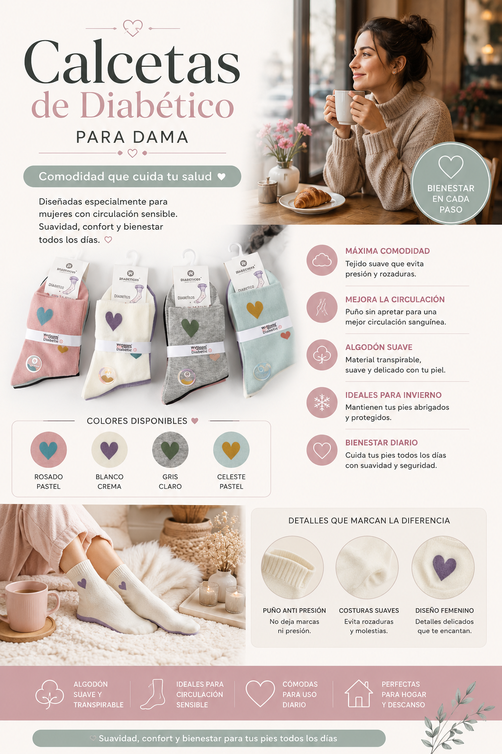 🧦 CALCETINES PARA DIABETES  DAMA ALGODÓN SUAVE ANTI PRESIÓN