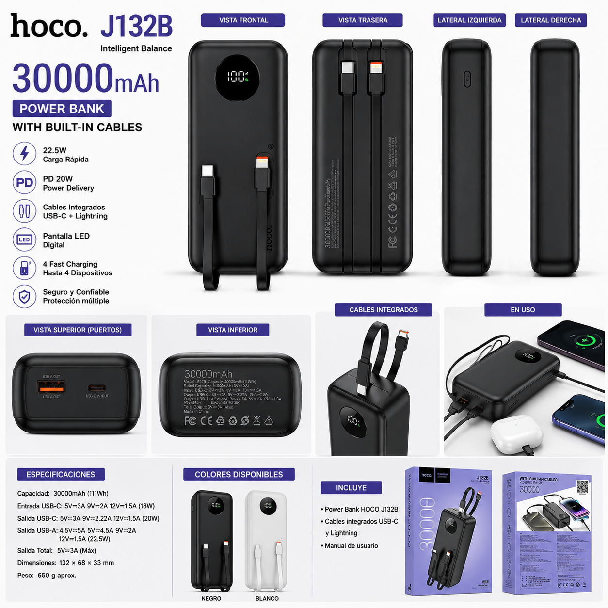 POWER BANK HOCO J132B 30000MAH CARGA RÁPIDA 22.5W PD20W CON CABLES INTEGRADOS