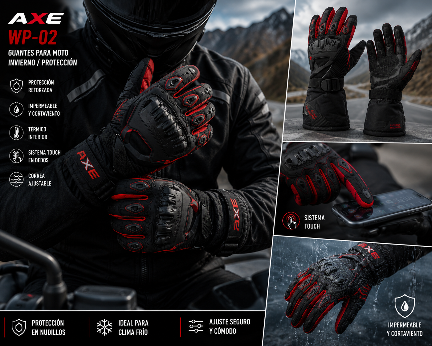 GUANTES AXE WP-02 PARA MOTO E INVIERNO CON PROTECCIONES Y SISTEMA TOUCH