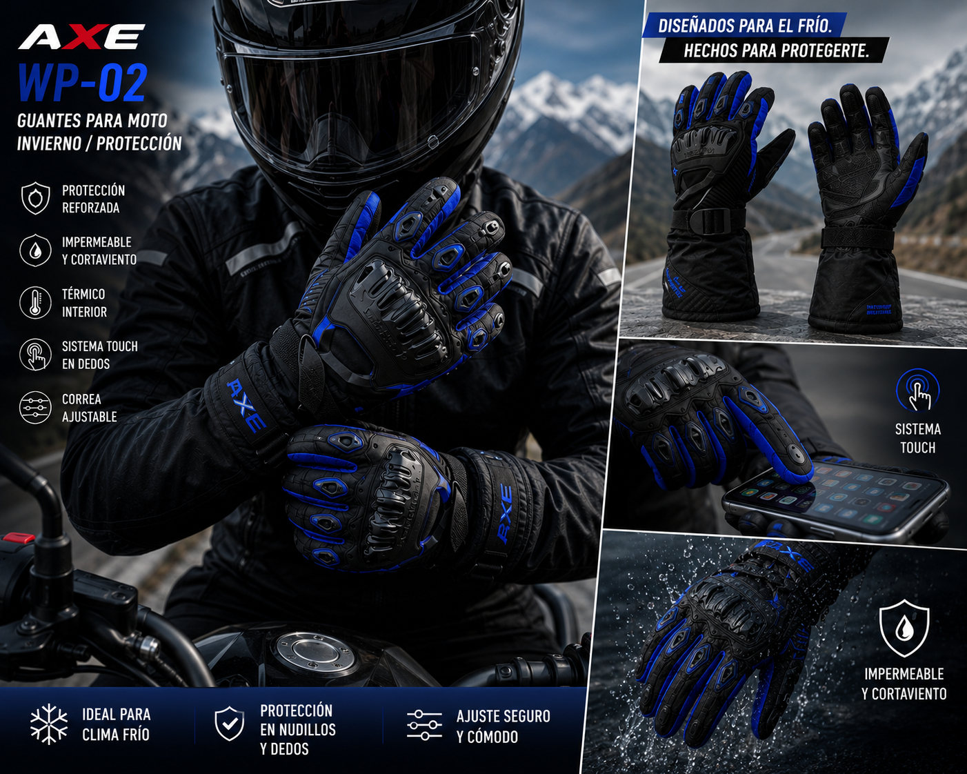 GUANTES AXE WP-02 PARA MOTO E INVIERNO CON PROTECCIONES Y SISTEMA TOUCH
