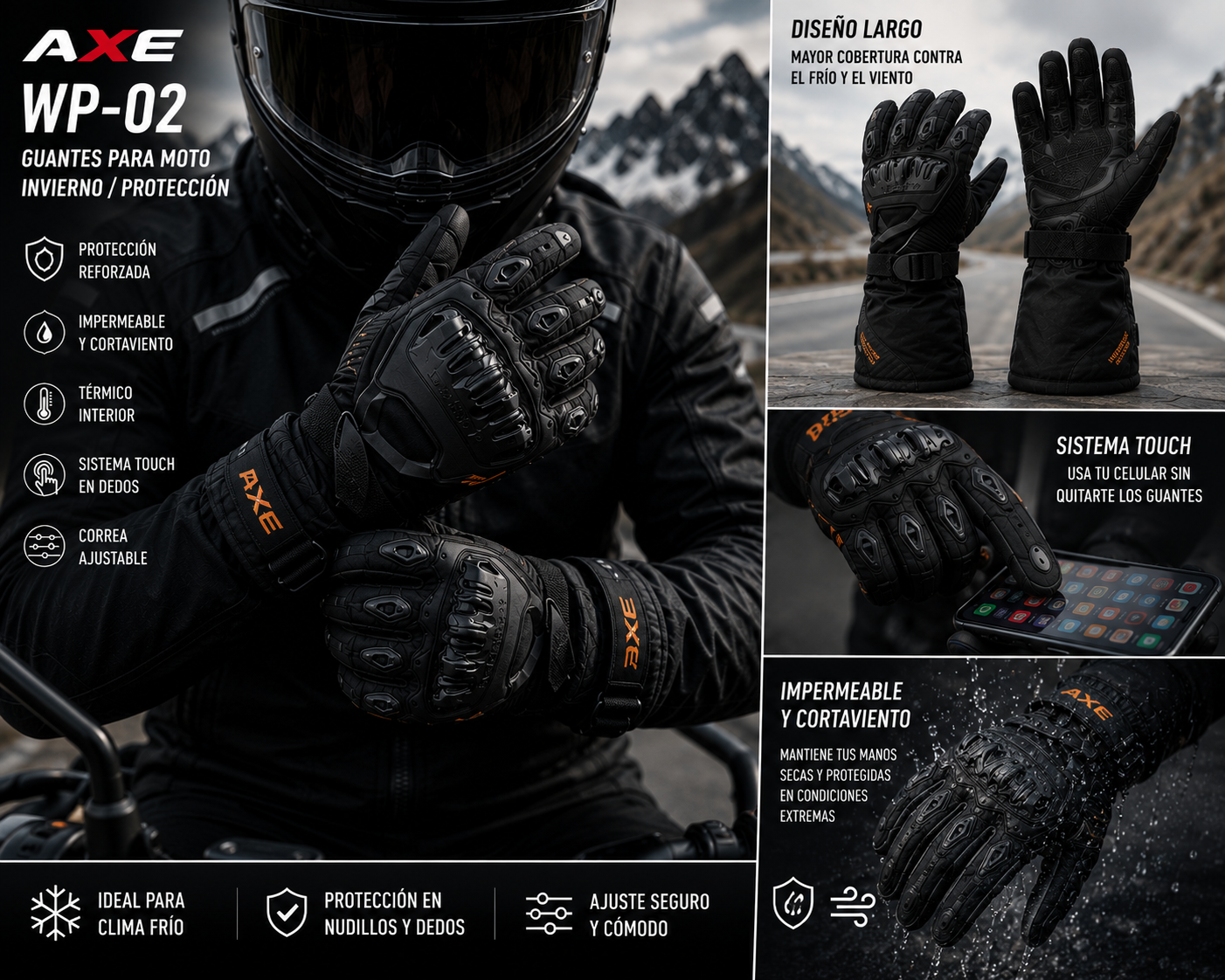 GUANTES AXE WP-02 PARA MOTO E INVIERNO CON PROTECCIONES Y SISTEMA TOUCH