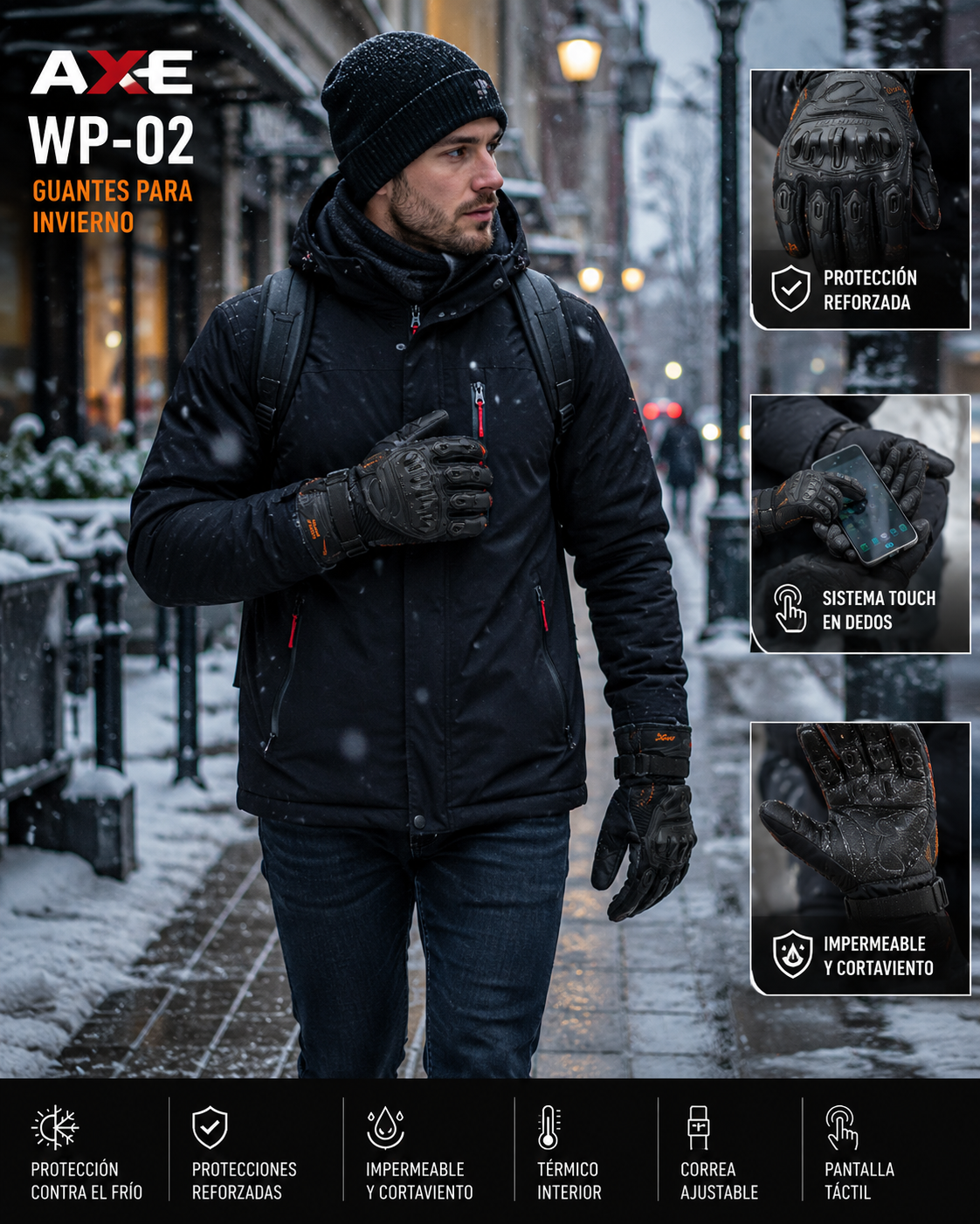 GUANTES AXE WP-02 PARA MOTO E INVIERNO CON PROTECCIONES Y SISTEMA TOUCH