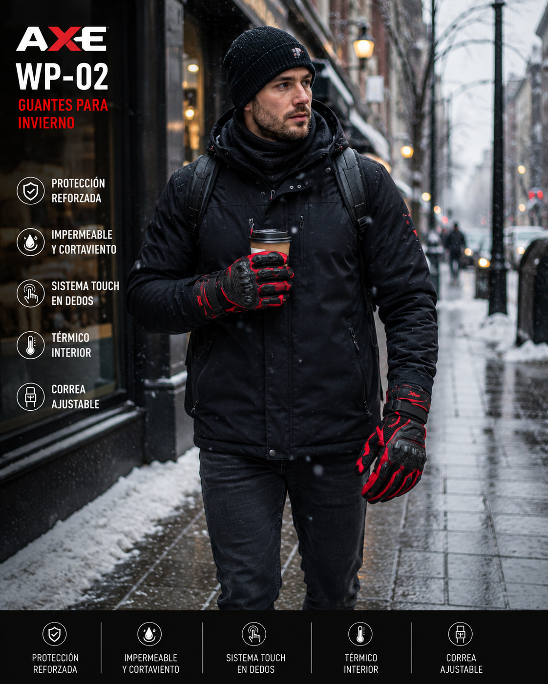 GUANTES AXE WP-02 PARA MOTO E INVIERNO CON PROTECCIONES Y SISTEMA TOUCH