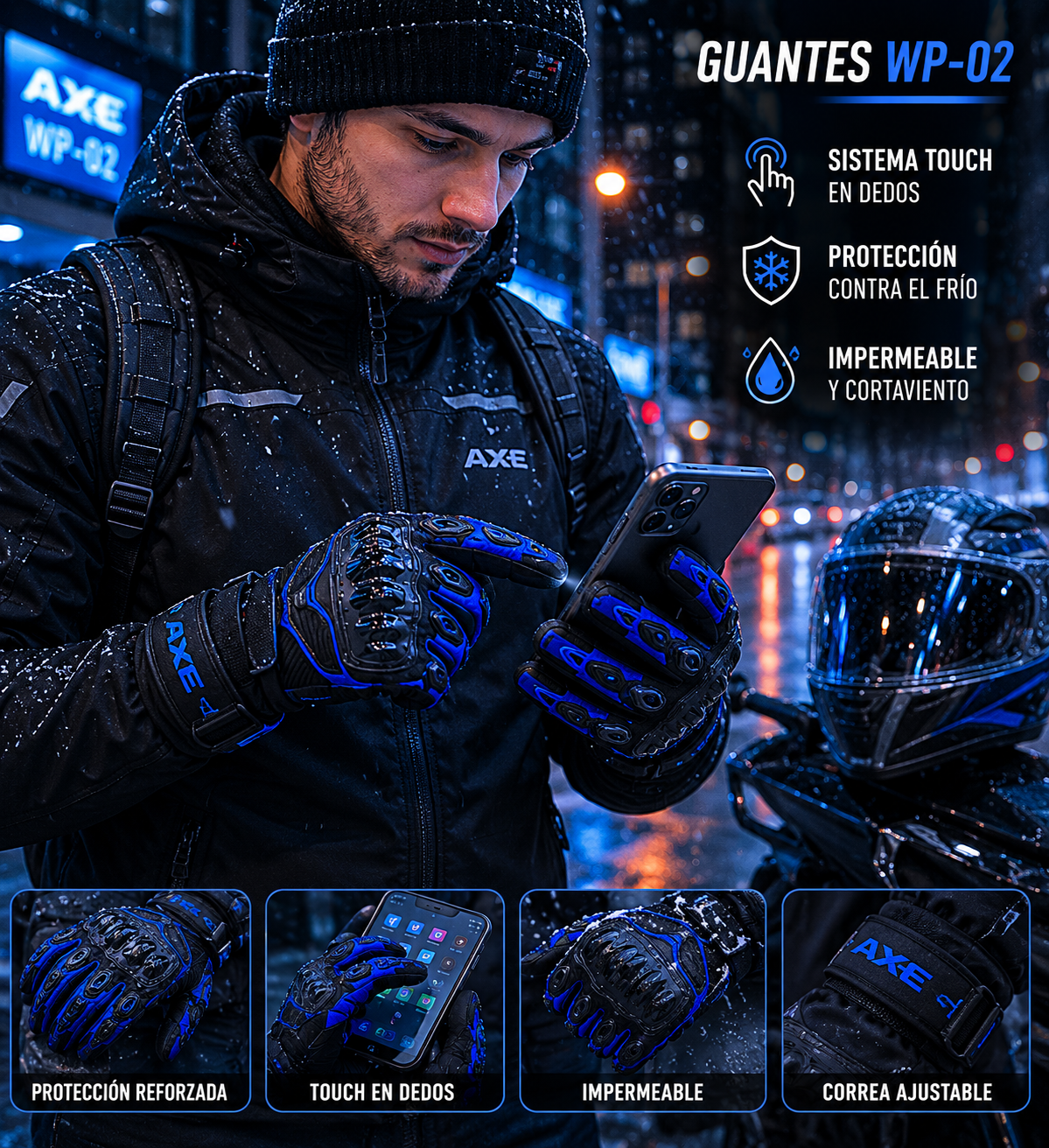 GUANTES AXE WP-02 PARA MOTO E INVIERNO CON PROTECCIONES Y SISTEMA TOUCH