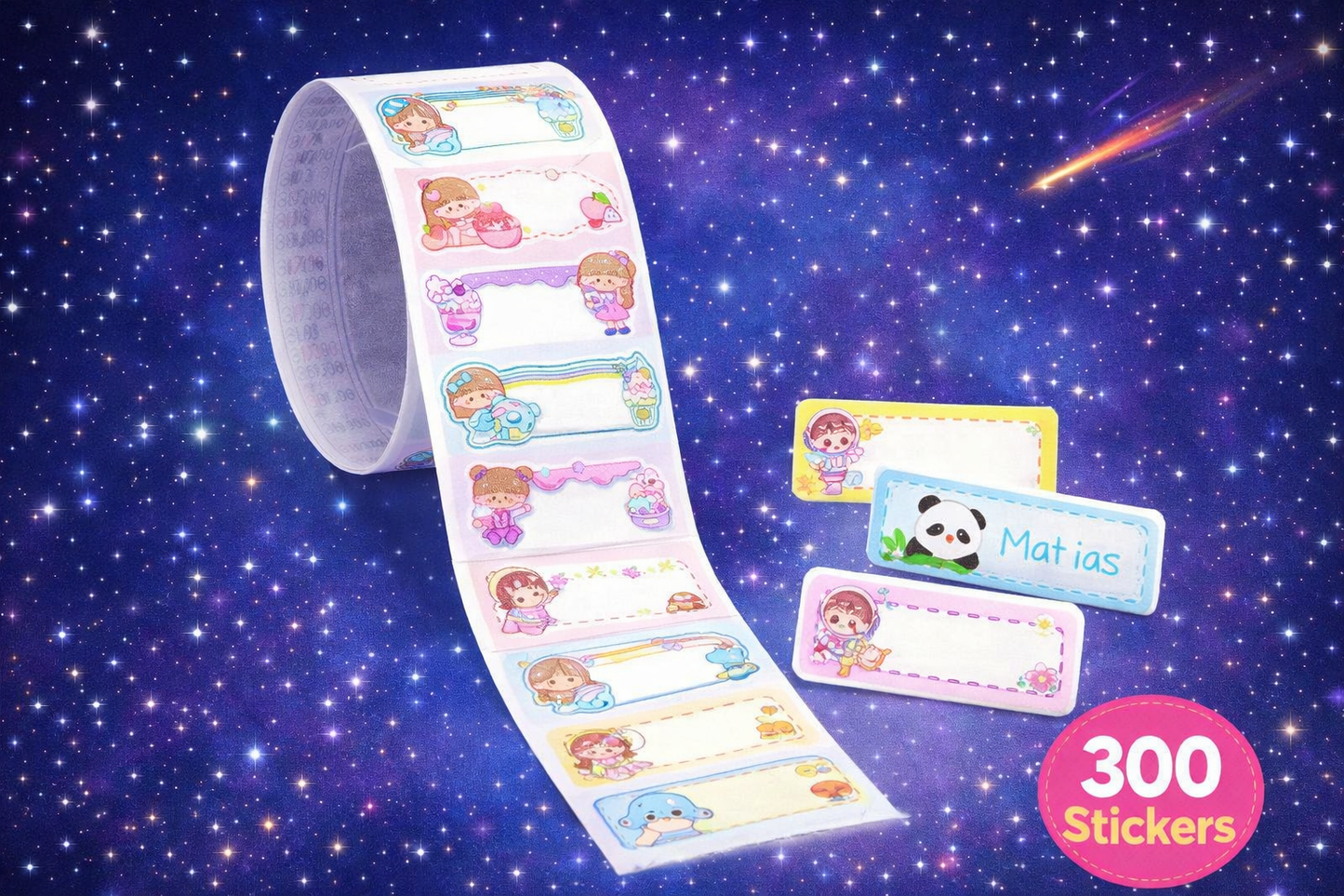 Rollo de Stickers para Nombre Kawaii – 300 Etiquetas Adhesivas |7 Diseños Diferentes