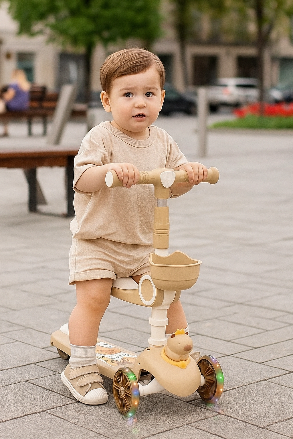 Scooter Niño y Niña CAPIBARA con asiento, cesta y ruedas luminosas.