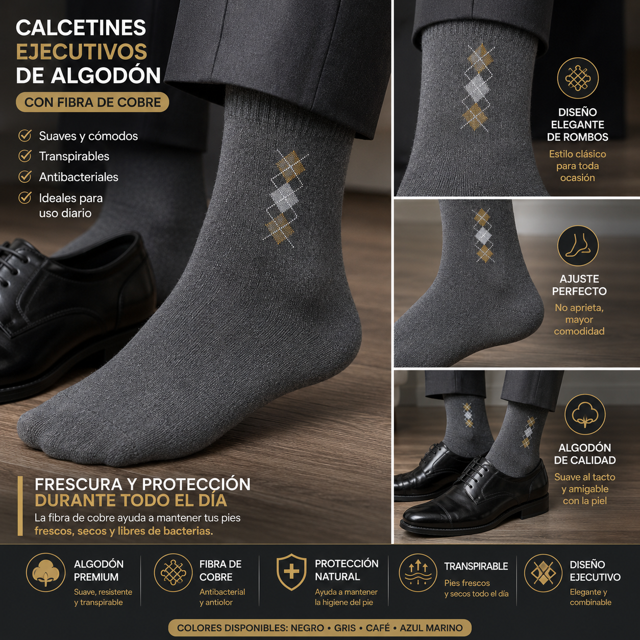 CALCETINES EJECUTIVOS DE ALGODÓN CON FIBRA DE COBRE DISEÑO ROMBOS PARA HOMBRE