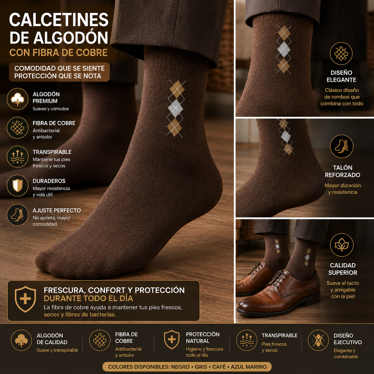 CALCETINES EJECUTIVOS DE ALGODÓN CON FIBRA DE COBRE DISEÑO ROMBOS PARA HOMBRE