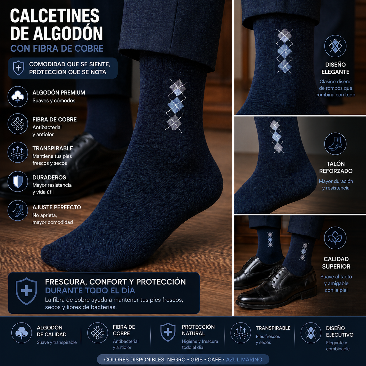 CALCETINES EJECUTIVOS DE ALGODÓN CON FIBRA DE COBRE DISEÑO ROMBOS PARA HOMBRE