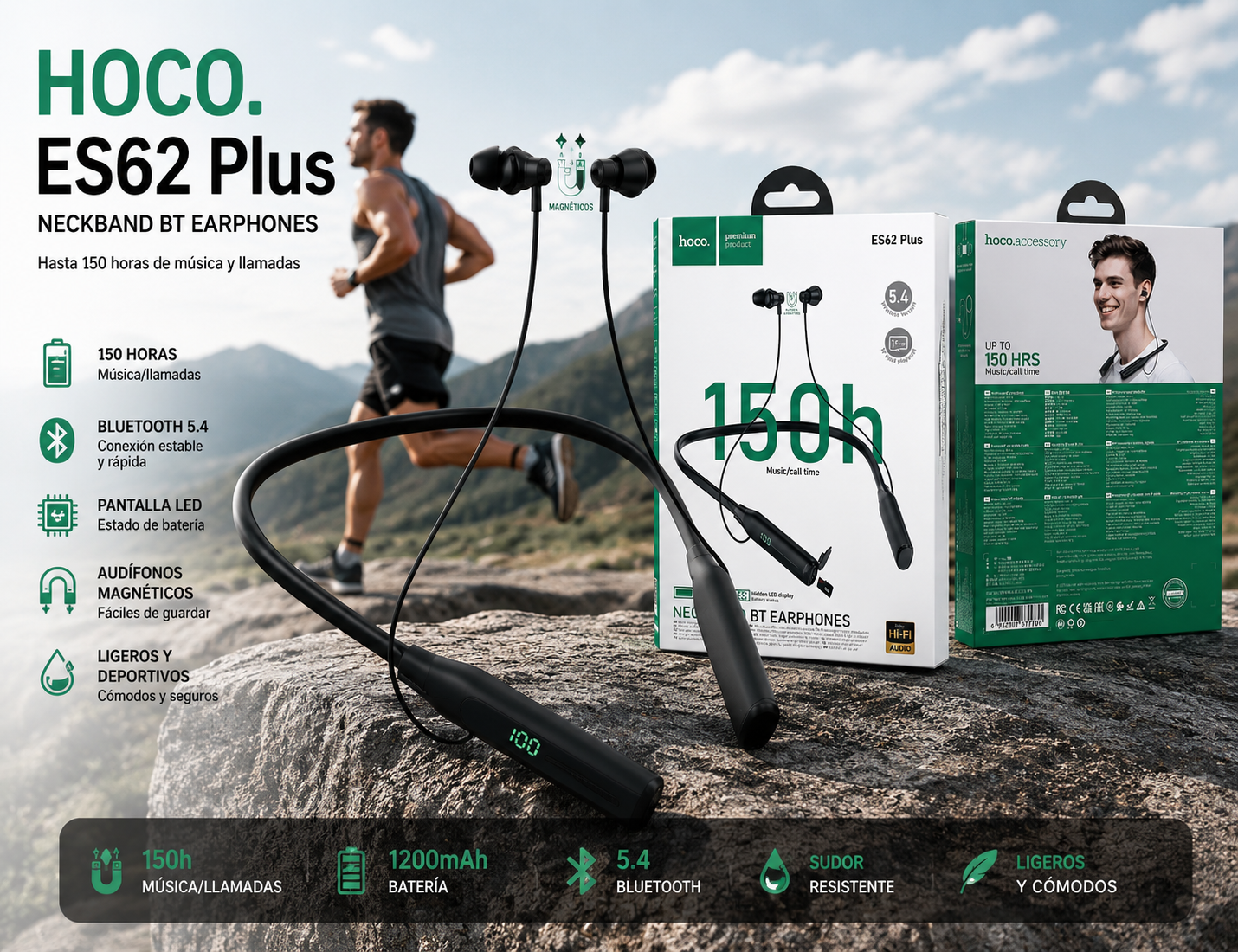 HOCO ES62 PLUS  | AUDÍFONOS BLUETOOTH 5.4 DEPORTIVOS 150H