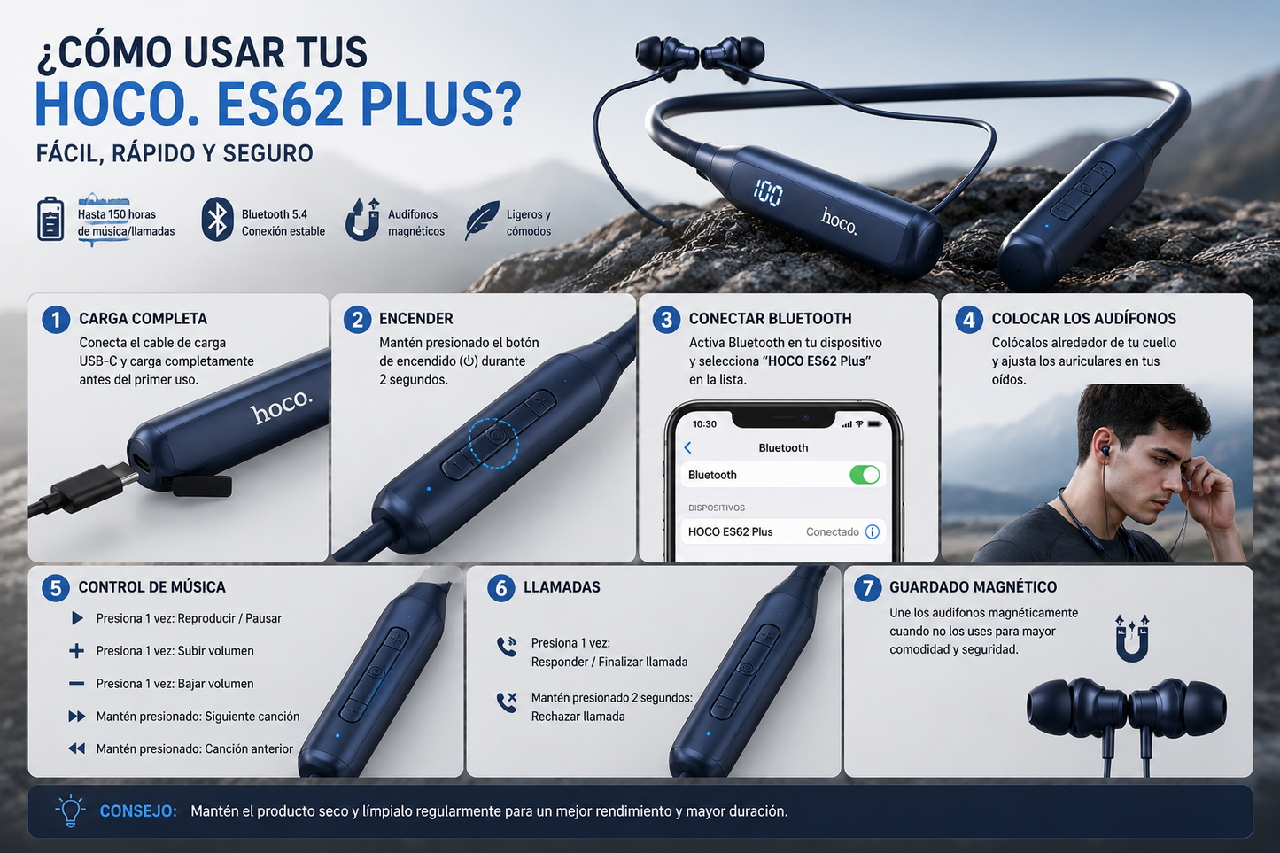 HOCO ES62 PLUS  | AUDÍFONOS BLUETOOTH 5.4 DEPORTIVOS 150H