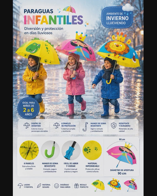 PARAGUAS INFANTIL 3D DISEÑOS ANIMALES 90 CM RESISTENTE PARA LLUVIA